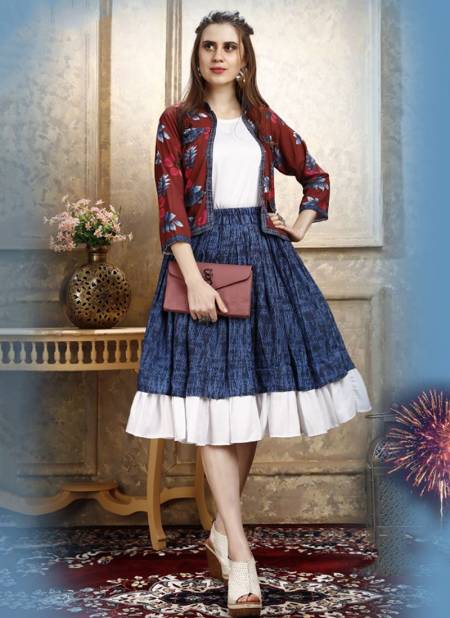 Maroon And Blue Colour FENEE WESTERN Party Wear Designer Coati Inner Skirt Poli Rayon Cotton Stylish 3 Piece Collection FENEE 02